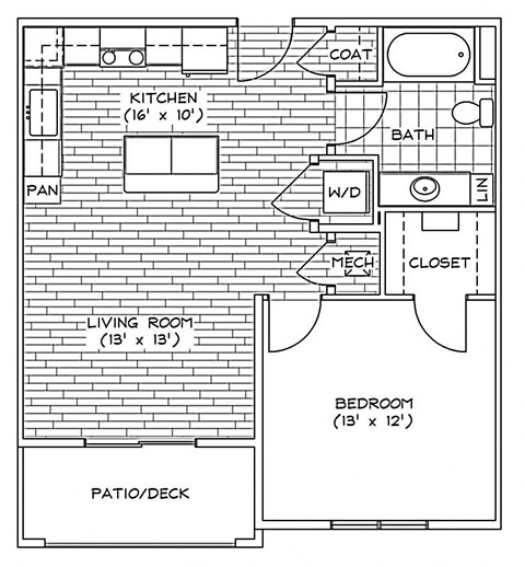 Floor plan for 1 bed, 1 bath, 684 sqft